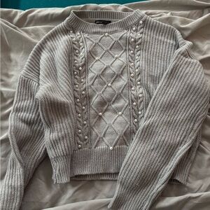 SHEIN Gray Knit Sweater with Pearl Details